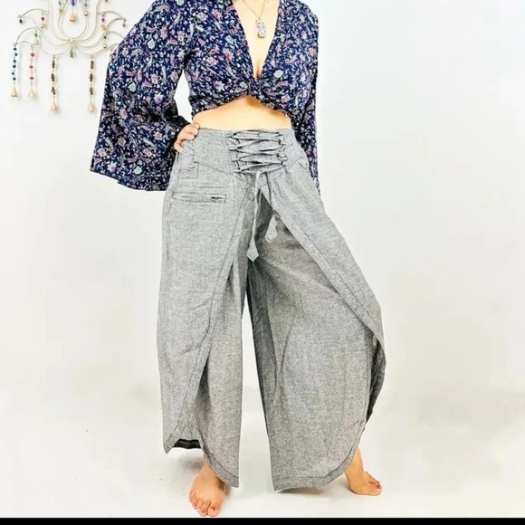 Karma Nepal Craft Pants - Karma Nepal Craft Grey 100% Cotton Double Layer Palazzo Pants Lace Up Front L